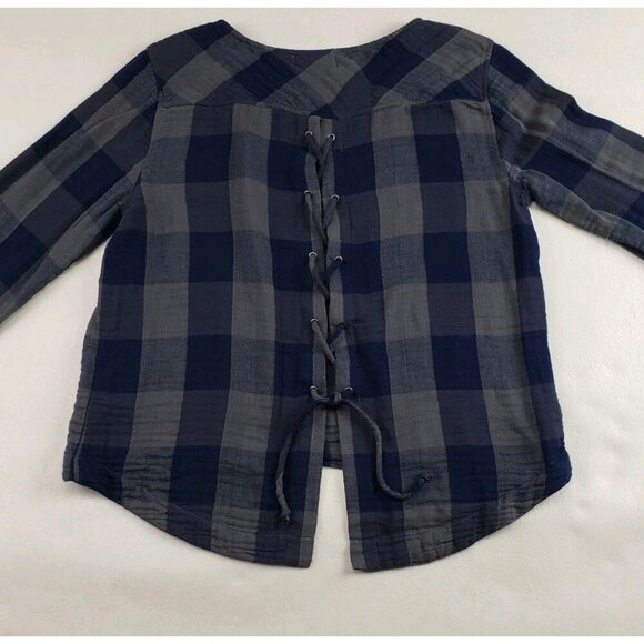 Cloth & Stone Buffalo Check Shirt Womens Gray Anthropologie Lace Up Tie Back Top - Picture 7 of 12